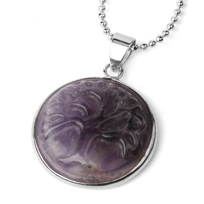 Tree of Life Carved Natural Stone Pendant Necklace Round Bead Quartz Purple Crystal Reiki Feminine Jewelry - AccessoryOrbit