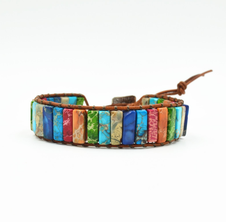 Colored Imperial Stone Hand-woven Single-layer Leather Bracelet Creative Ethnic Style Simple Bracelet - AccessoryOrbit