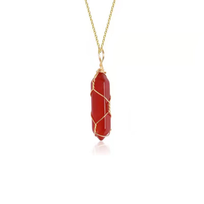 Copper Wire Winding Red Crystal Hexagonal Prism Pendant Necklace