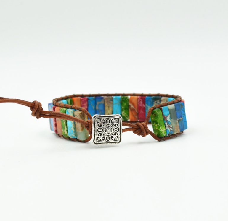 Colored Imperial Stone Hand-woven Single-layer Leather Bracelet Creative Ethnic Style Simple Bracelet - AccessoryOrbit